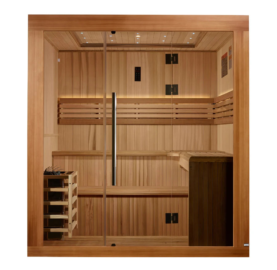 GDI-7689-02 Golden Designs 2025 Updated "Osla Edition" 6 Person Traditional Sauna - Canadian Red Cedar Interior and Pacific Premium Clear Cedar Exterior - Superior Health & Fitness Solutions
