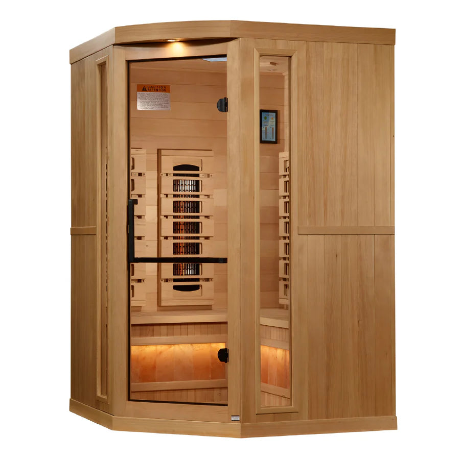 GDI-8035-03 Golden Designs 3-Person Corner Full Spectrum PureTech™ Near Zero EMF FAR Infrared Sauna with Himalayan Salt Bar (Canadian Hemlock) - Superior Health & Fitness Solutions