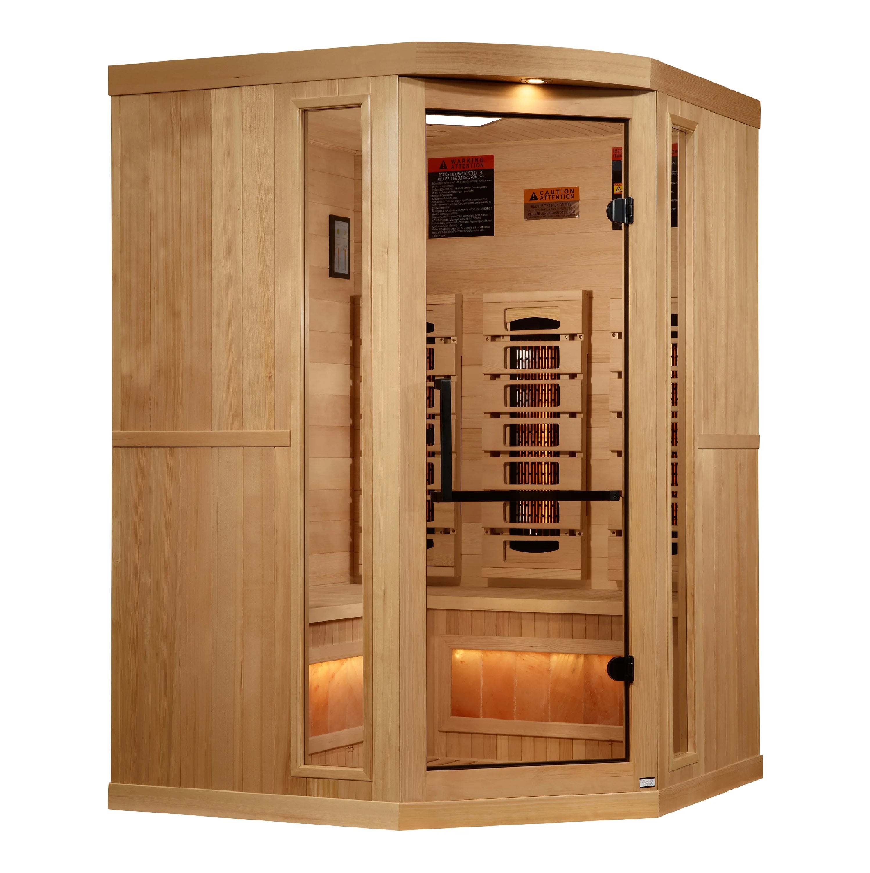 GDI-8035-03 Golden Designs 3-Person Corner Full Spectrum PureTech™ Near Zero EMF FAR Infrared Sauna with Himalayan Salt Bar (Canadian Hemlock) - Superior Health & Fitness Solutions