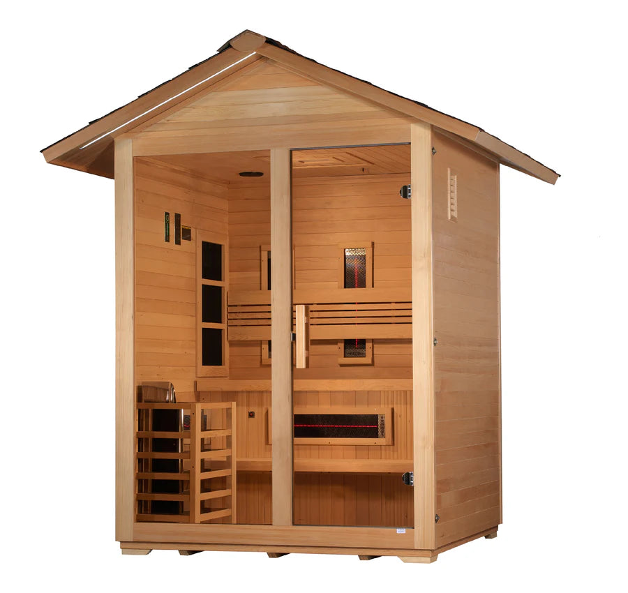 GDI-8123-01 Golden Designs "Carinthia" 3 Person Hybrid (PureTech™ Full Spectrum IR or Traditional Stove) Outdoor Sauna - Canadian Hemlock