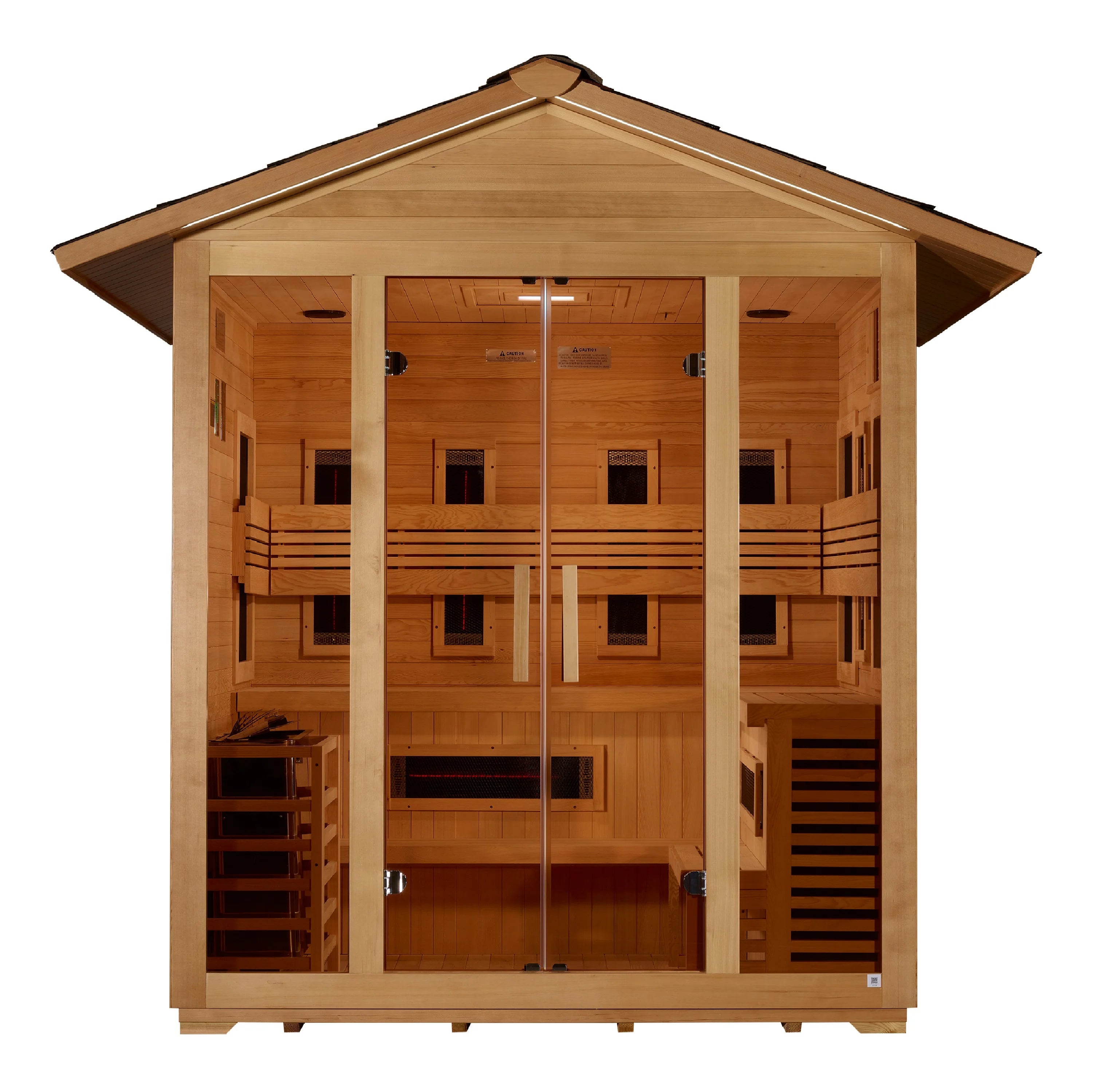 GDI-8125-01 Golden Designs "Gargellen" 5 Person Hybrid (PureTech™ Full Spectrum IR or Traditional Stove) Outdoor Sauna - Canadian Hemlock