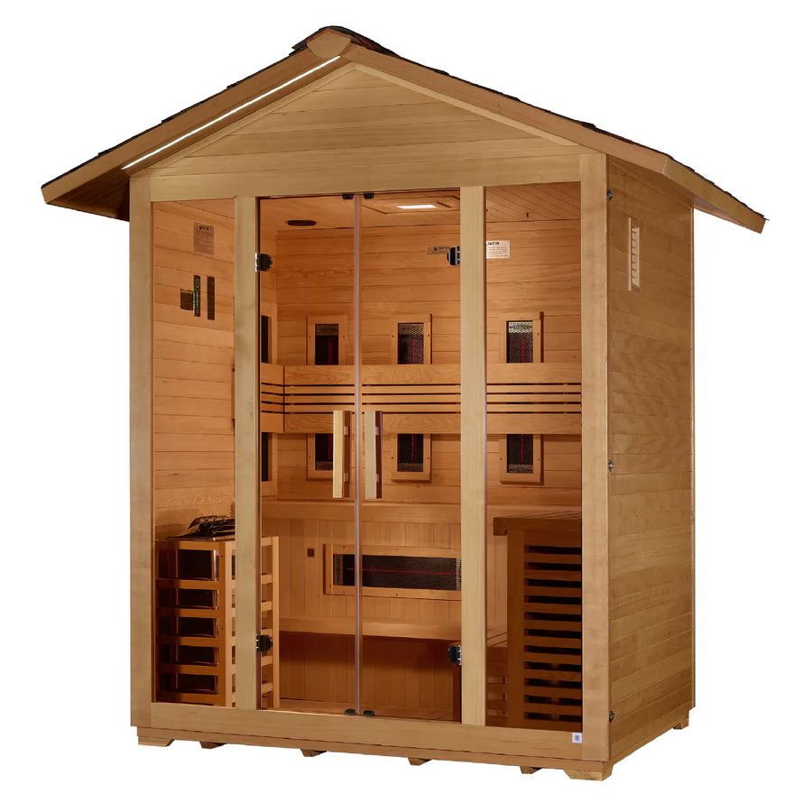 GDI-8125-01 Golden Designs "Gargellen" 5 Person Hybrid (PureTech™ Full Spectrum IR or Traditional Stove) Outdoor Sauna - Canadian Hemlock