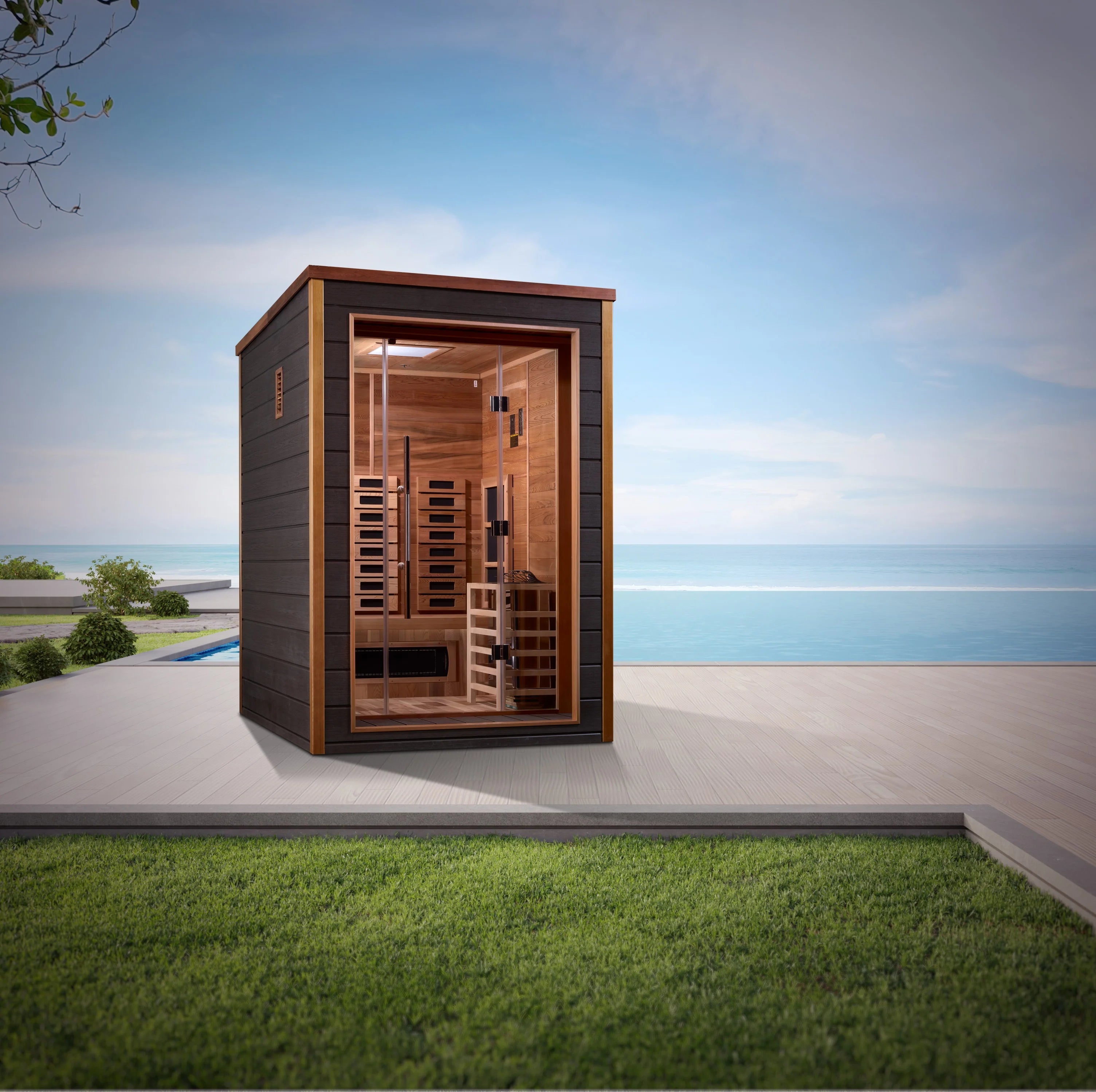 GDI-8222-01 Golden Designs "Nora" 2 Person Hybrid (PureTech™ Full Spectrum IR or Traditional Stove) Outdoor Sauna - Canadian Red Cedar Interior