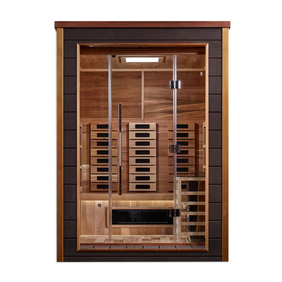 GDI-8222-01 Golden Designs "Nora" 2 Person Hybrid (PureTech™ Full Spectrum IR or Traditional Stove) Outdoor Sauna - Canadian Red Cedar Interior