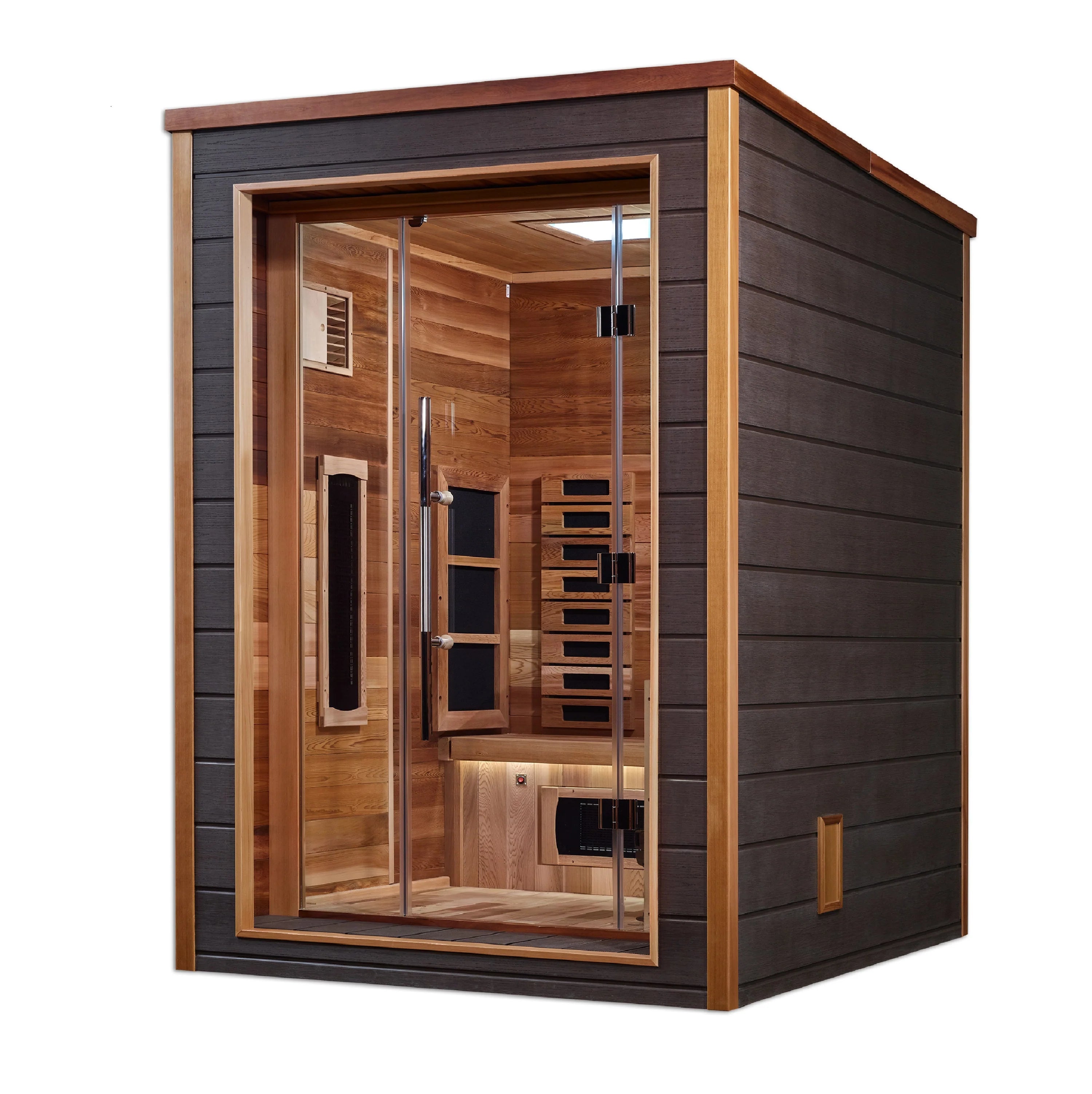 GDI-8222-01 Golden Designs "Nora" 2 Person Hybrid (PureTech™ Full Spectrum IR or Traditional Stove) Outdoor Sauna - Canadian Red Cedar Interior