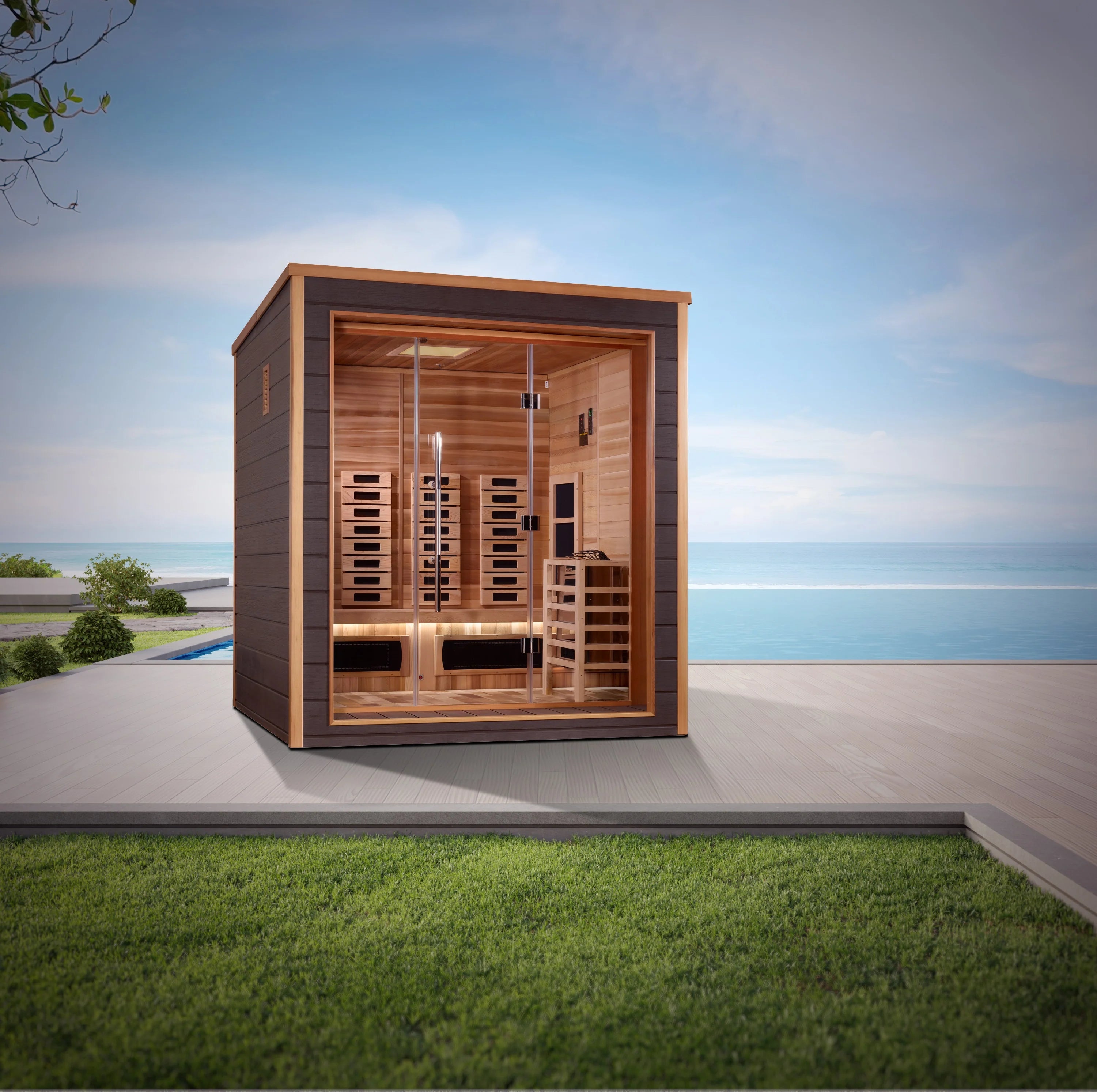 GDI-8223-01 Golden Designs "Visby" 3 Person Hybrid (PureTech™ Full Spectrum IR or Traditional Stove) Outdoor Sauna - Canadian Red Cedar Interior