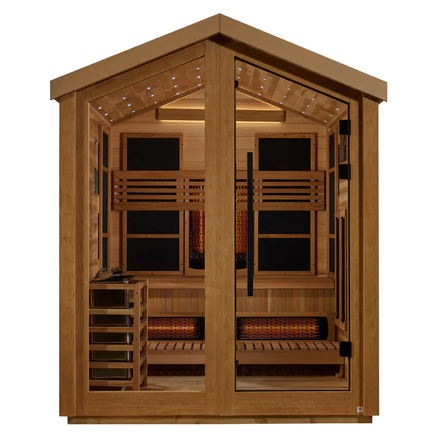 GDI-8523-01 Golden Designs "Loviisa" 3 Person Hybrid (PureTech™ Full Spectrum IR or Traditional Stove) Outdoor Sauna - Canadian Red Cedar Interior