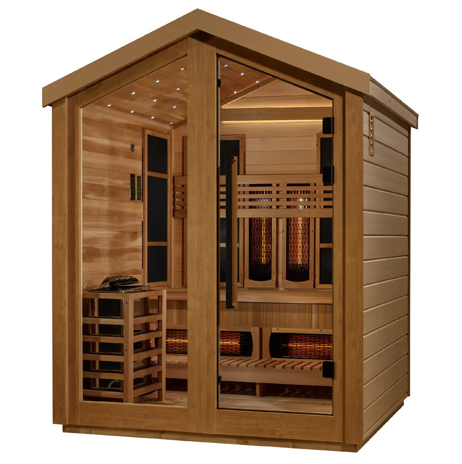 GDI-8523-01 Golden Designs "Loviisa" 3 Person Hybrid (PureTech™ Full Spectrum IR or Traditional Stove) Outdoor Sauna - Canadian Red Cedar Interior