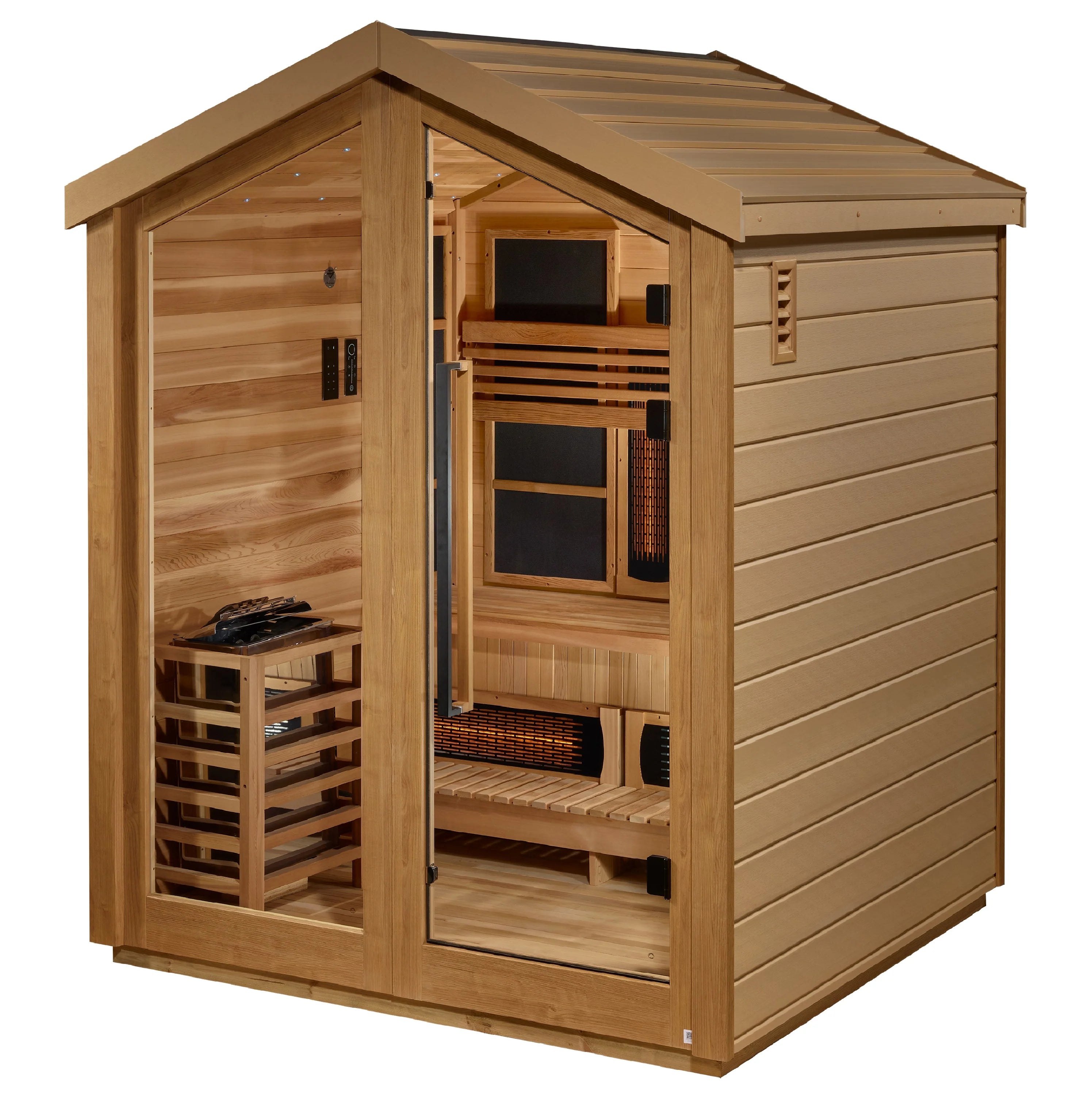 GDI-8523-01 Golden Designs "Loviisa" 3 Person Hybrid (PureTech™ Full Spectrum IR or Traditional Stove) Outdoor Sauna - Canadian Red Cedar Interior
