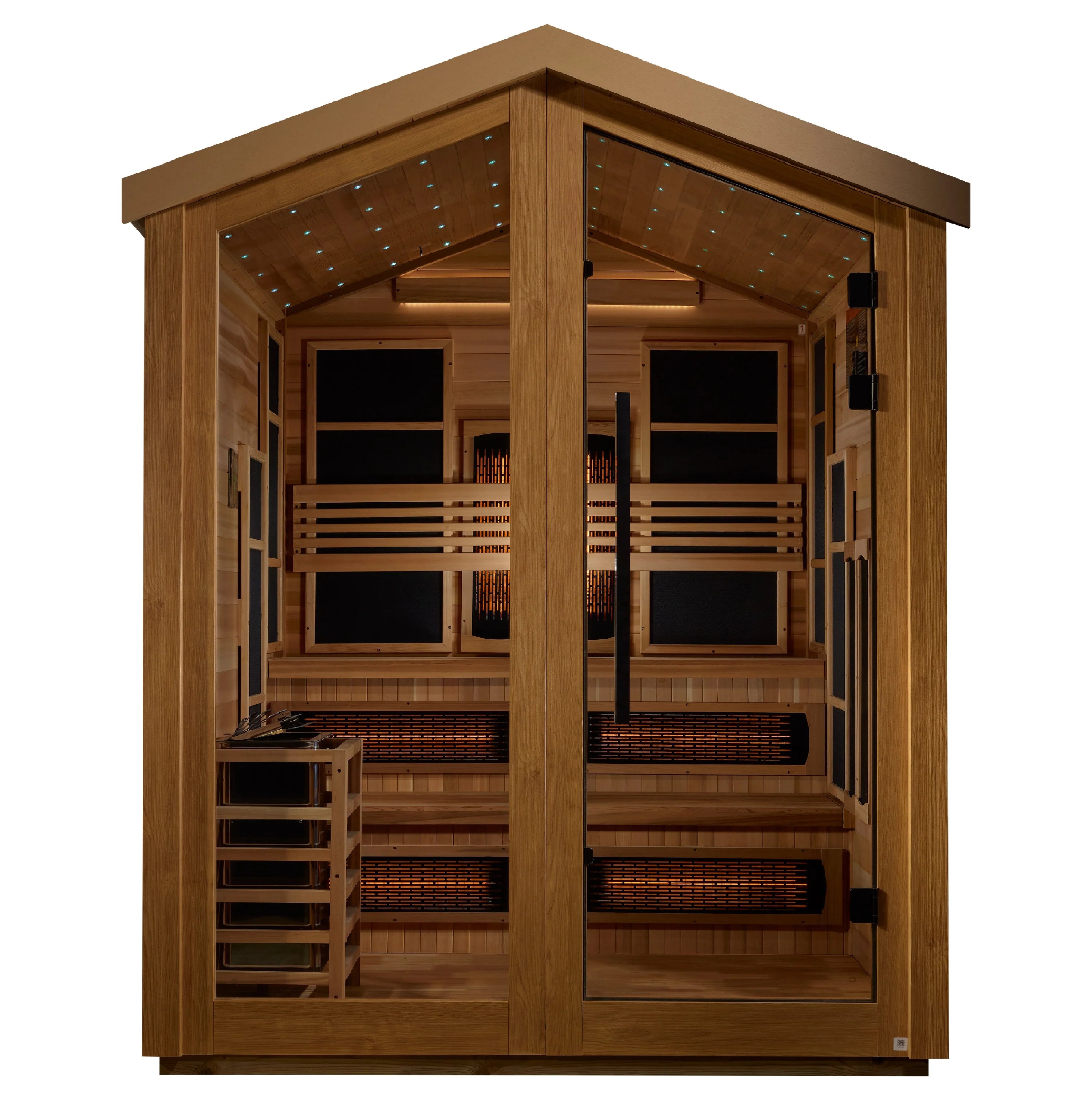 GDI-8526-01 Golden Designs "Kaskinen" 6 Person Hybrid (PureTech™ Full Spectrum IR or Traditional Stove) Outdoor Sauna - Canadian Red Cedar Interior