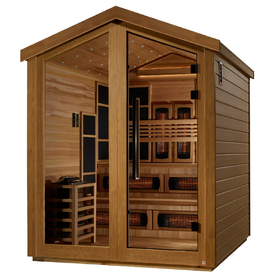 GDI-8526-01 Golden Designs "Kaskinen" 6 Person Hybrid (PureTech™ Full Spectrum IR or Traditional Stove) Outdoor Sauna - Canadian Red Cedar Interior