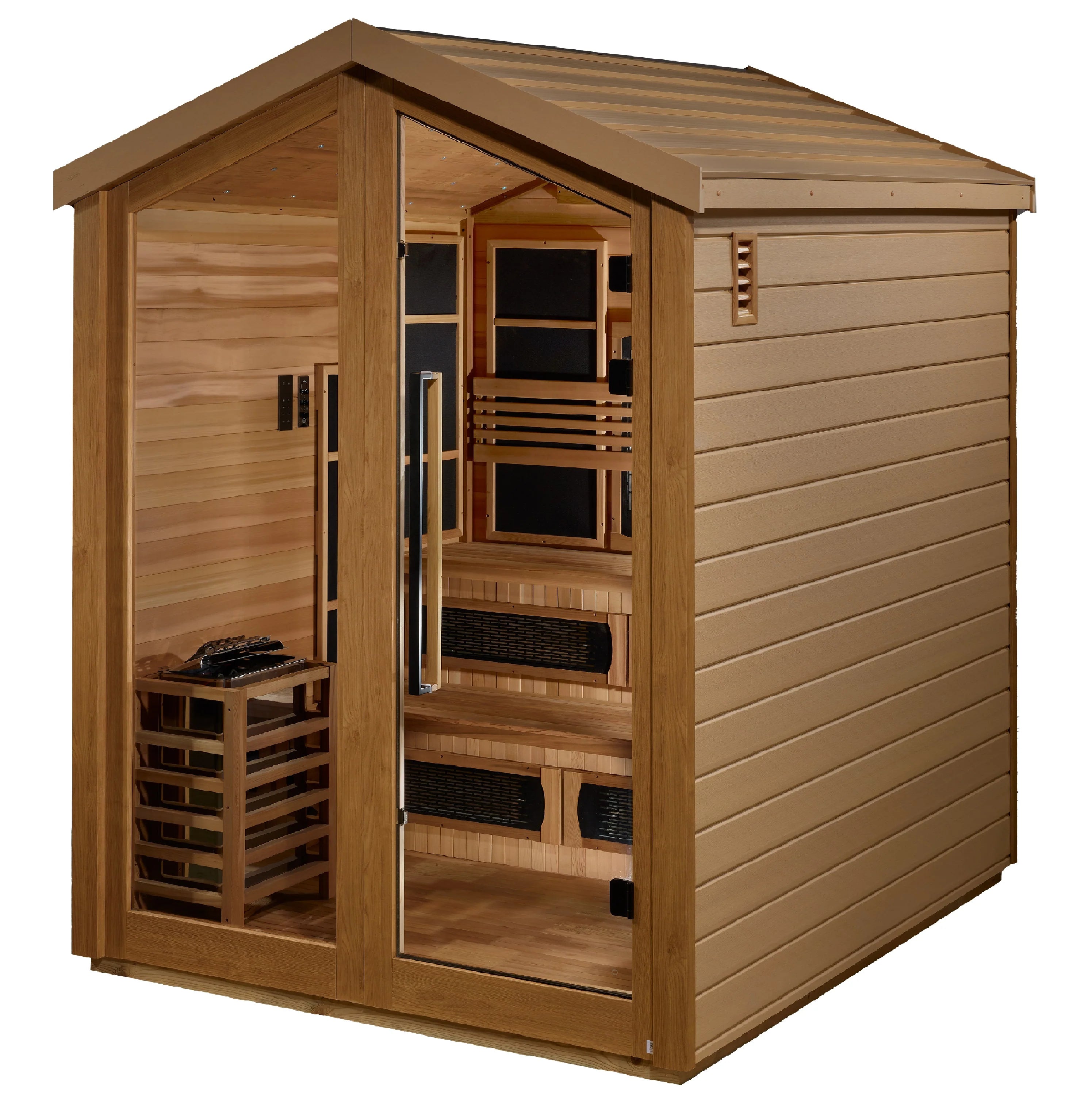 GDI-8526-01 Golden Designs "Kaskinen" 6 Person Hybrid (PureTech™ Full Spectrum IR or Traditional Stove) Outdoor Sauna - Canadian Red Cedar Interior