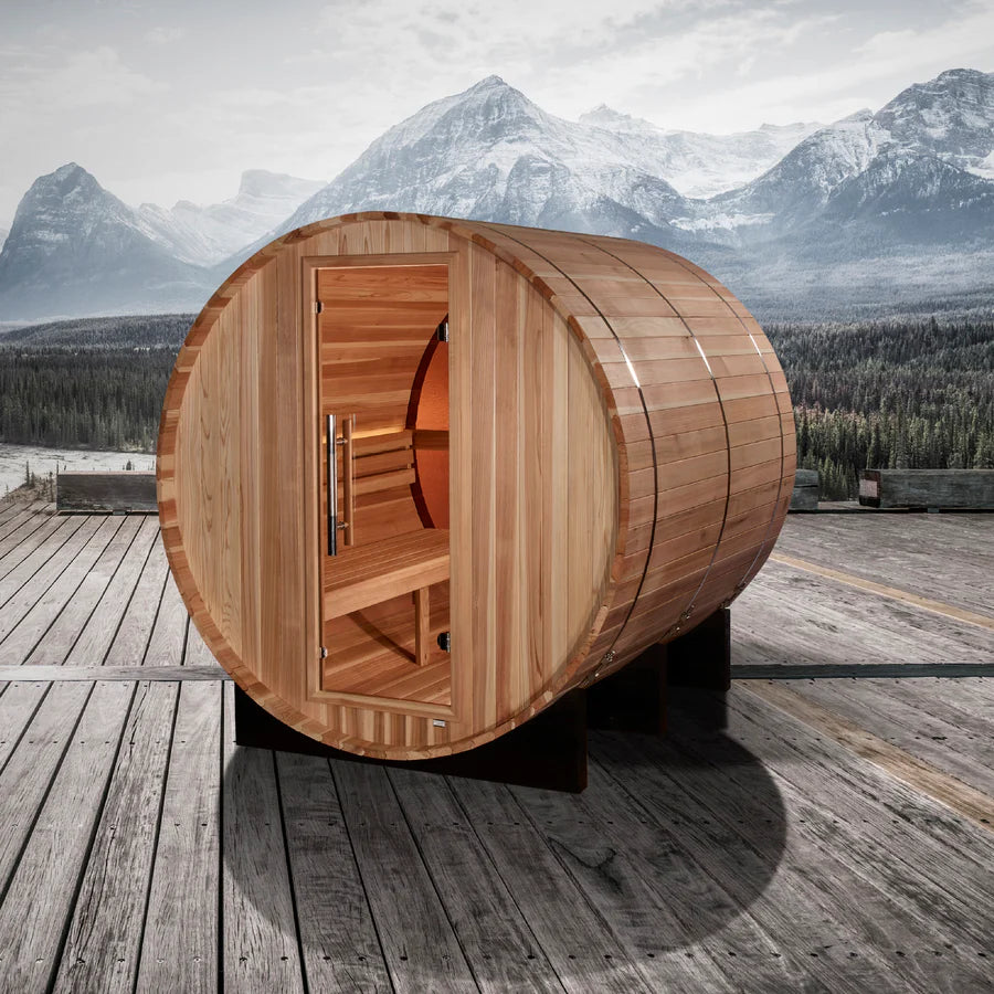 GDI-B024-01 Golden Designs "Zurich" 4 Person Barrel with Bronze Privacy View - Traditional Sauna - Pacific Cedar