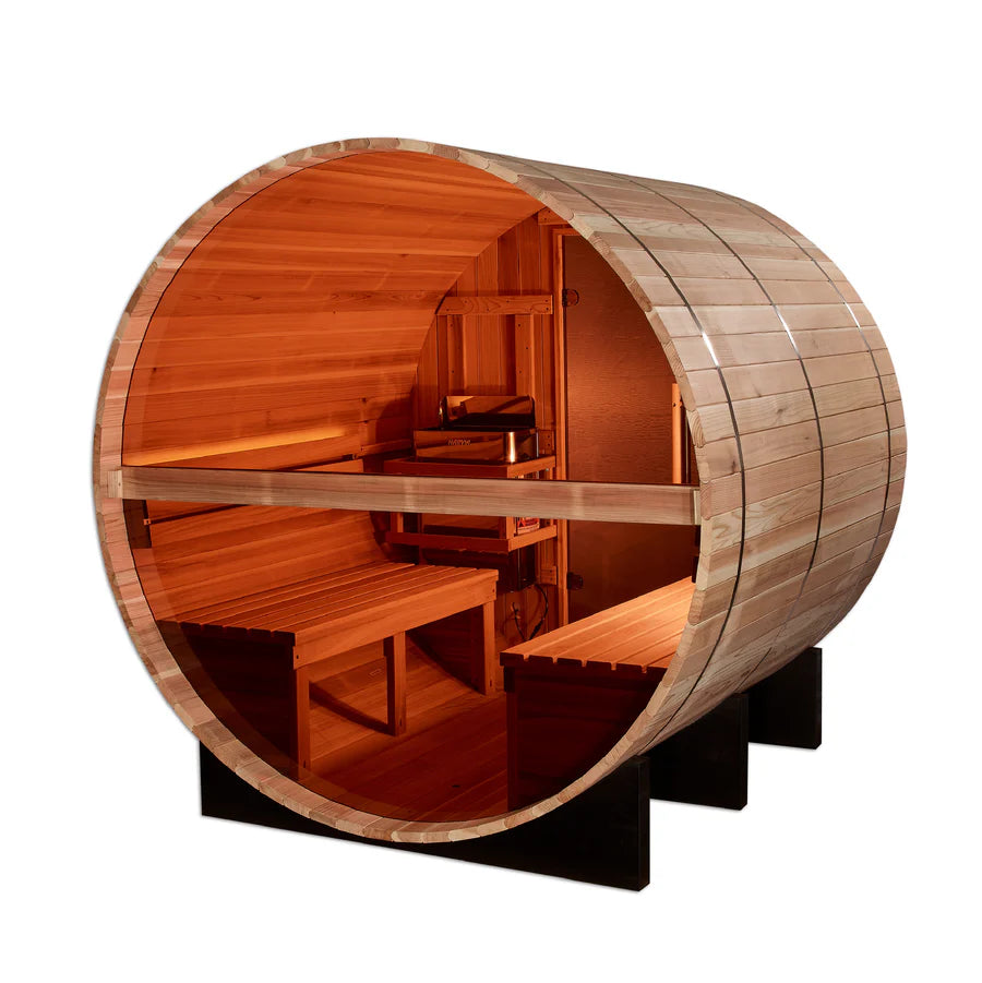 GDI-B024-01 Golden Designs "Zurich" 4 Person Barrel with Bronze Privacy View - Traditional Sauna - Pacific Cedar