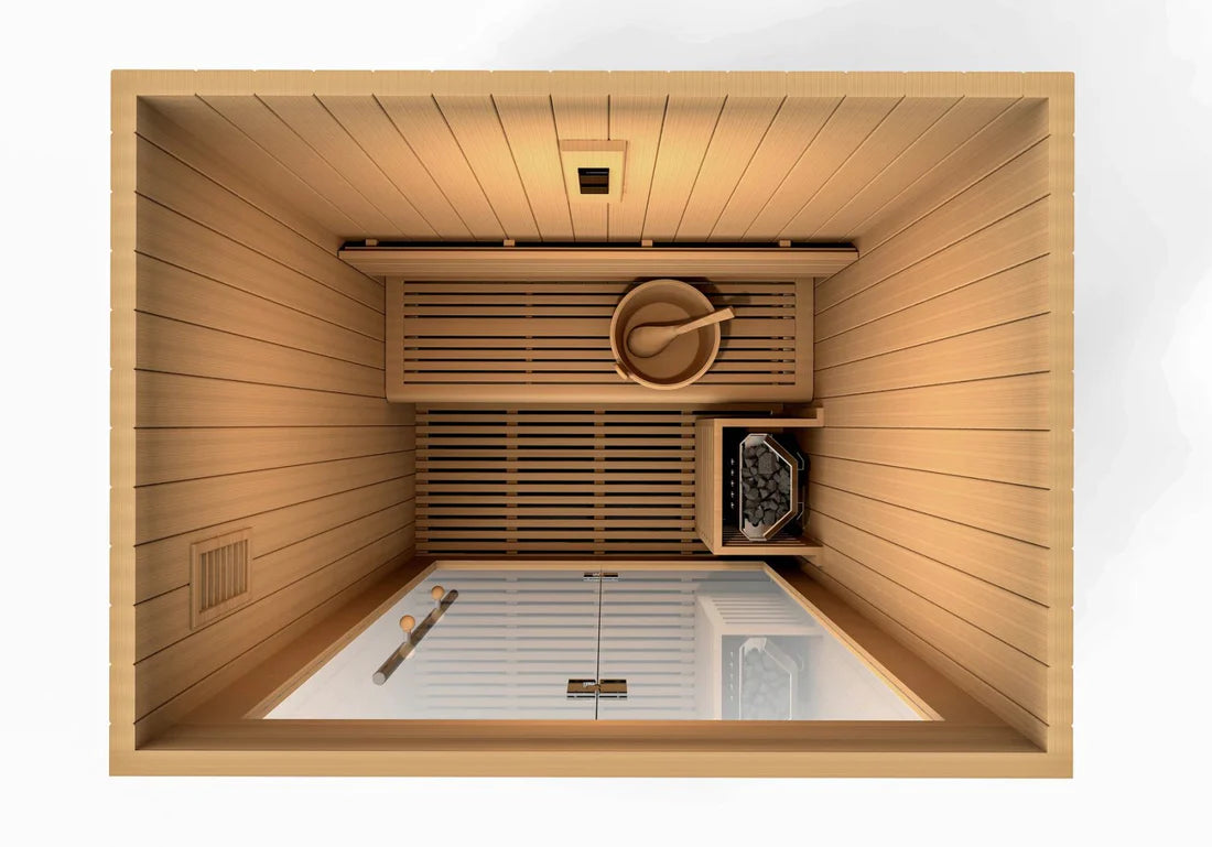 GDI-7289-02 Golden Designs 2025 Updated "Sundsvall Edition" 2 Person Traditional Sauna - Canadian Red Cedar Interior and Pacific Premium Clear Cedar Exterior - Superior Health & Fitness Solutions
