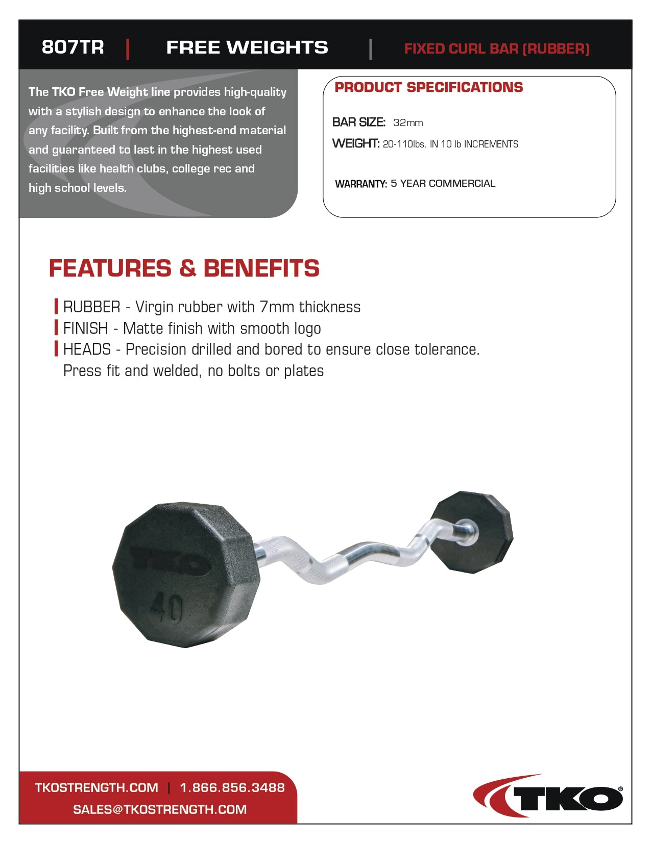 TKO Fixed Curl Bar (Rubber) - 20-110 lb. Set - Superior Health & Fitness Solutions