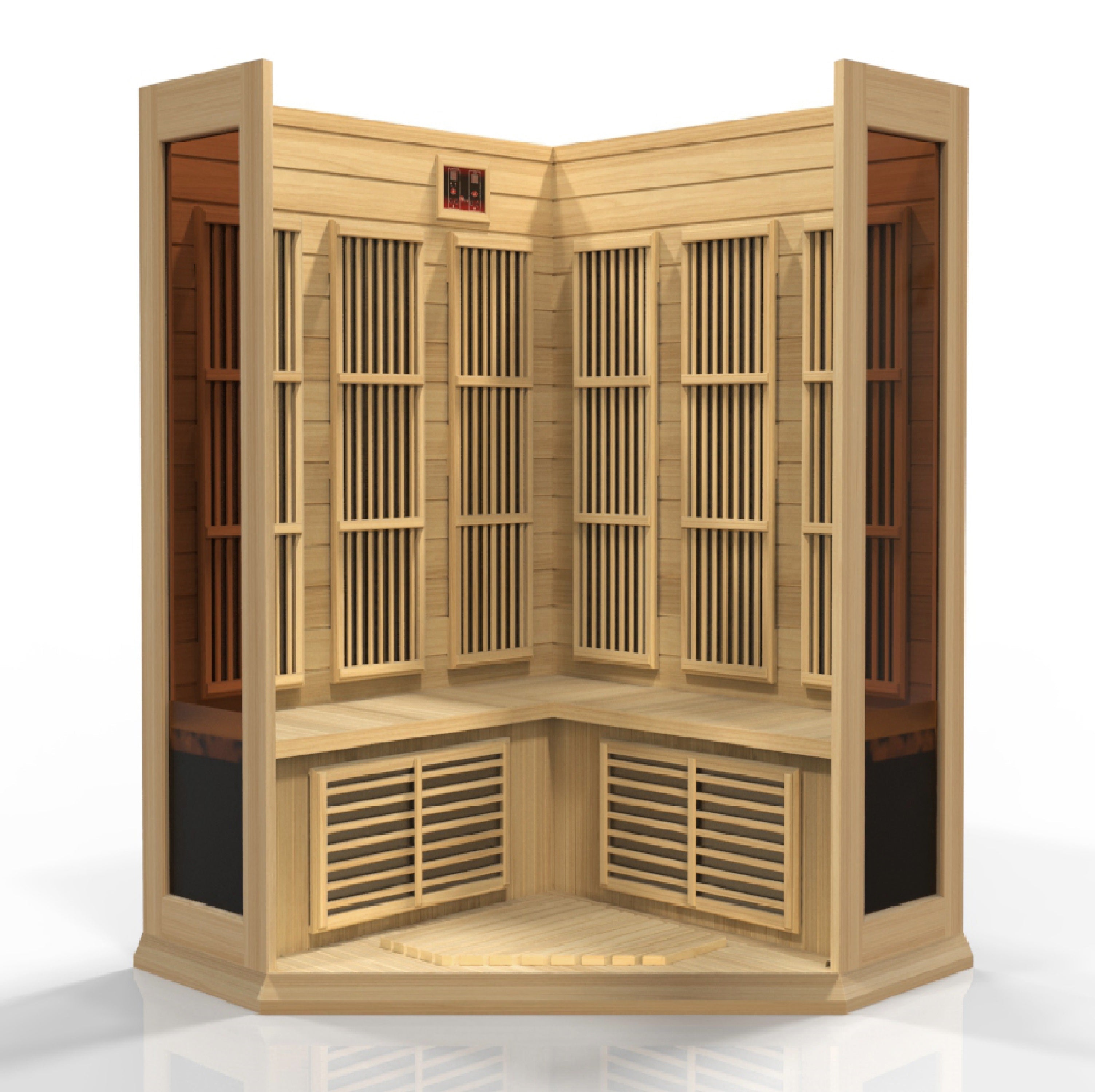 MX-K356-01 Maxxus 3-Person Corner Low EMF FAR Infrared Sauna Canadian Hemlock - Superior Health & Fitness Solutions