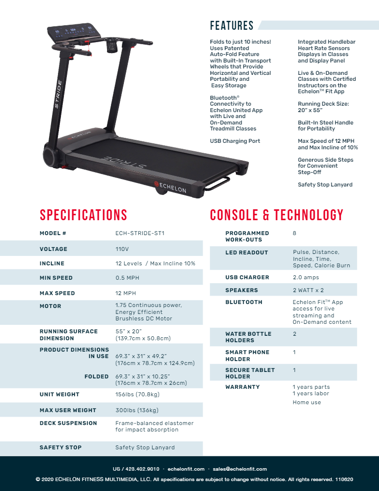 Echelon Stride Auto-Fold Connected Treadmill - Superior Health & Fitness Solutions