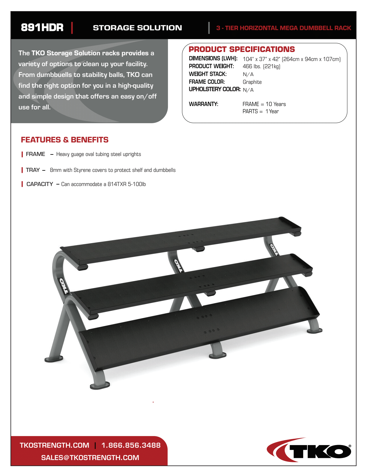 TKO 5-100lb Urethane Hex Tri-Grip Handle Dumbbells w/ 3 Tier Shelf Rack