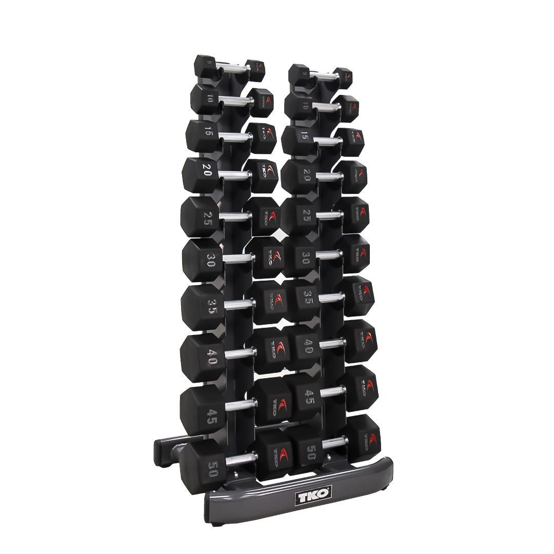 TKO 5-50lb Urethane Hex Tri-Grip Handle Dumbbells w/ 10 Pair Rack