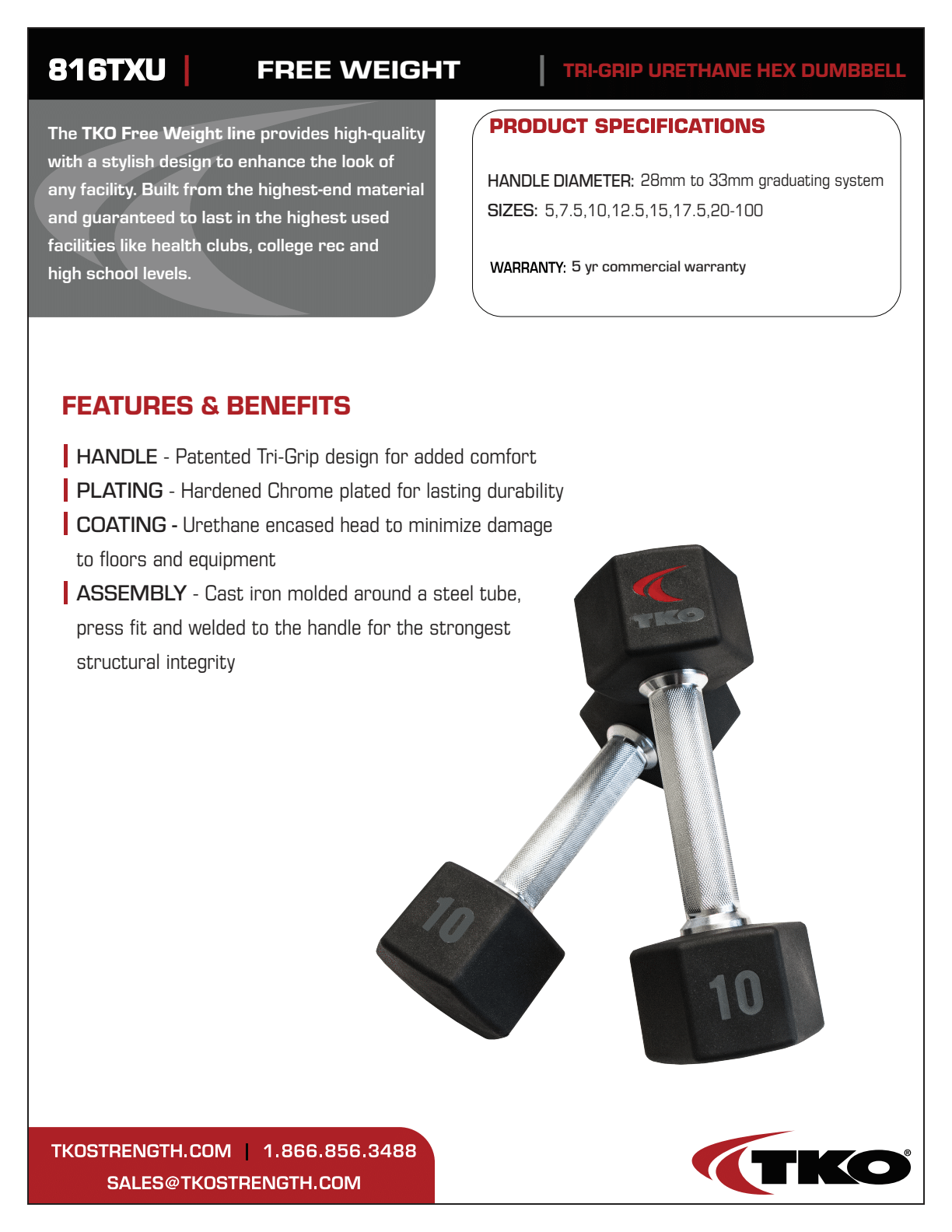 TKO 5-50lb Urethane Hex Tri-Grip Handle Dumbbells w/ 10 Pair Rack