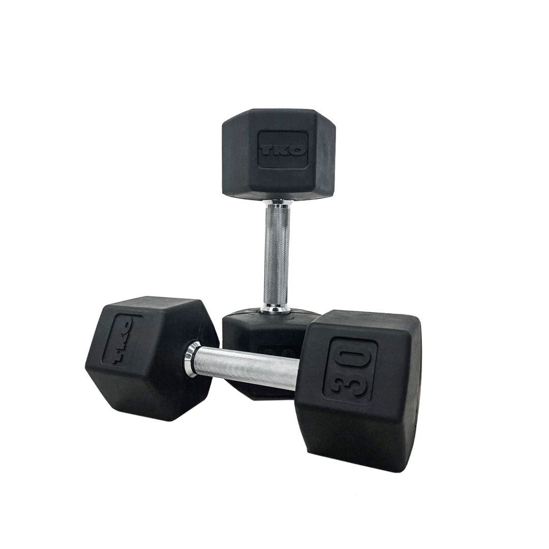 TKO 5-30lb Rubber Hex Straight Handle Dumbbells w/ 8 Pair Rack