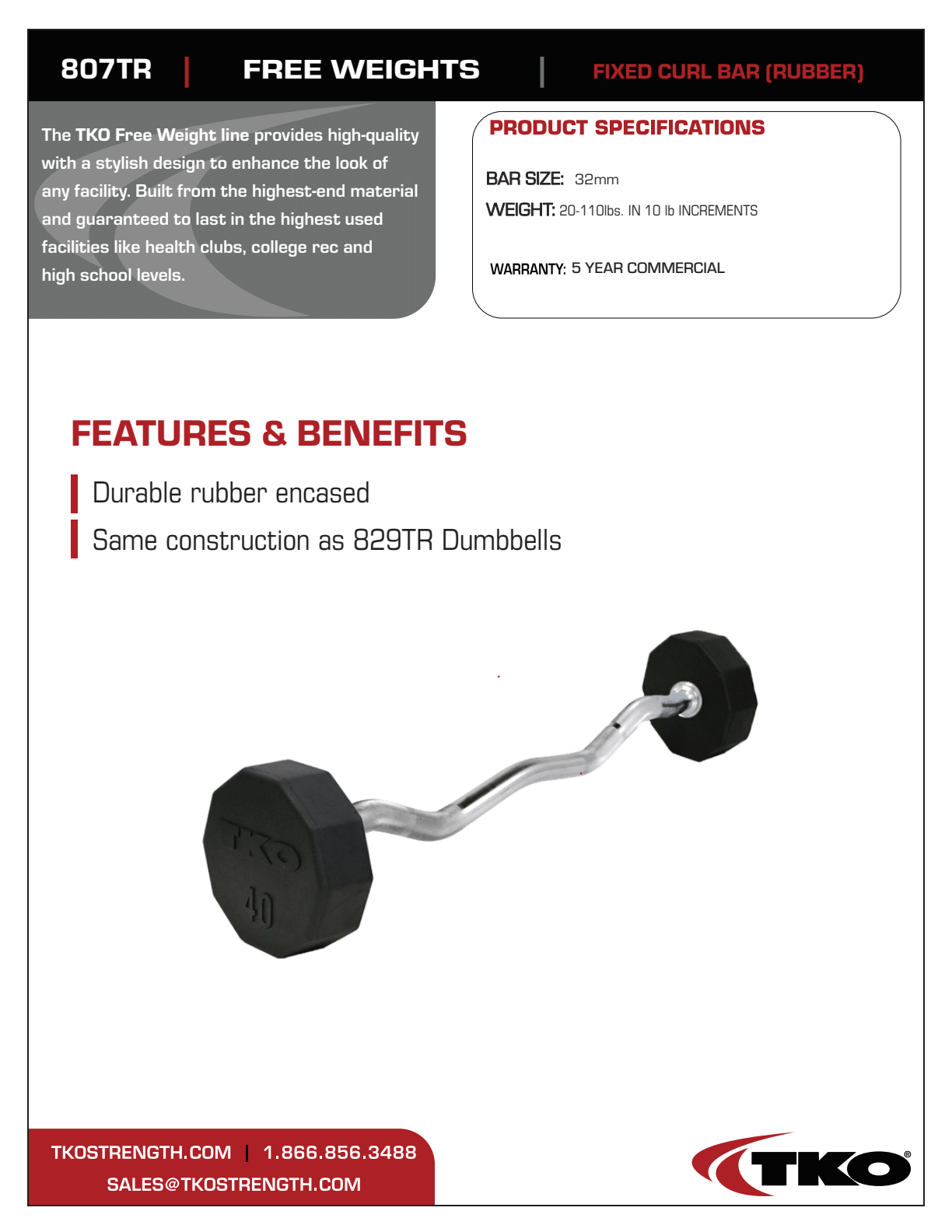 TKO 20-60lb Rubber Curl Barbells w/ 5 Set Rack