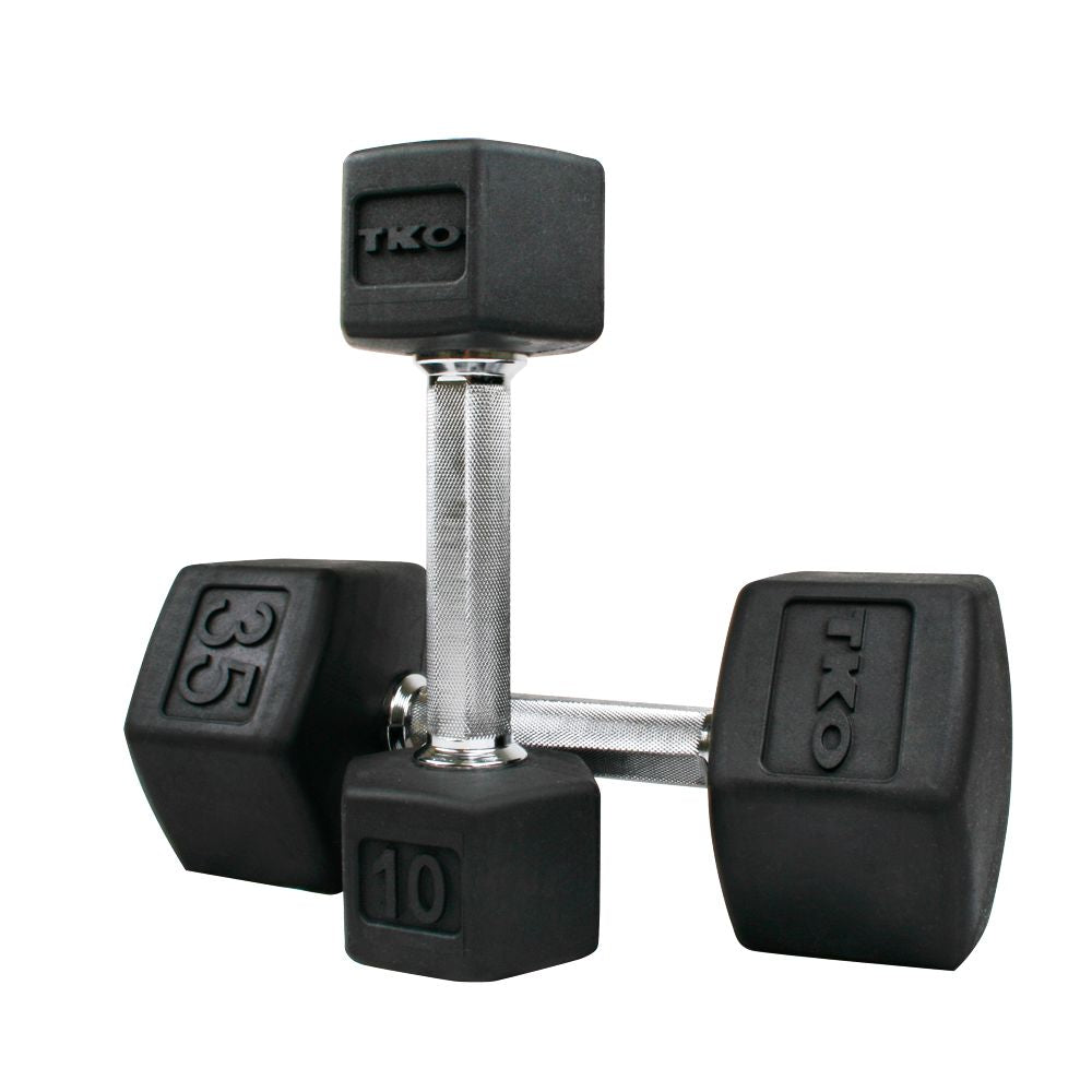 TKO 5-100lb Rubber Hex Tri-Grip Handle Dumbbells w/ 3 Tier Shelf Rack