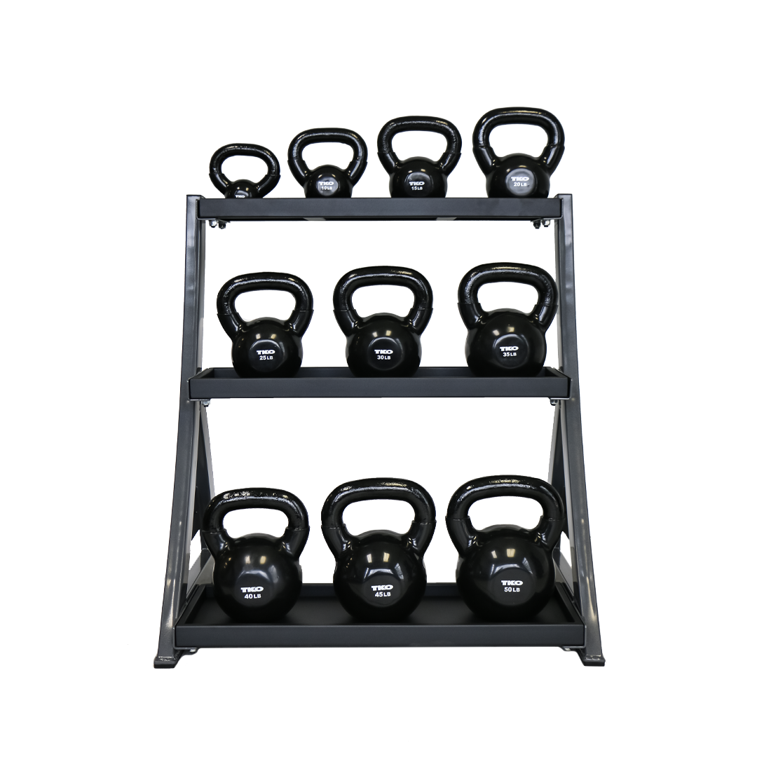 TKO 5-50lb Vinyl Kettlebell Set w/ 3 Tier Rack - Superior Health & Fitness Solutions