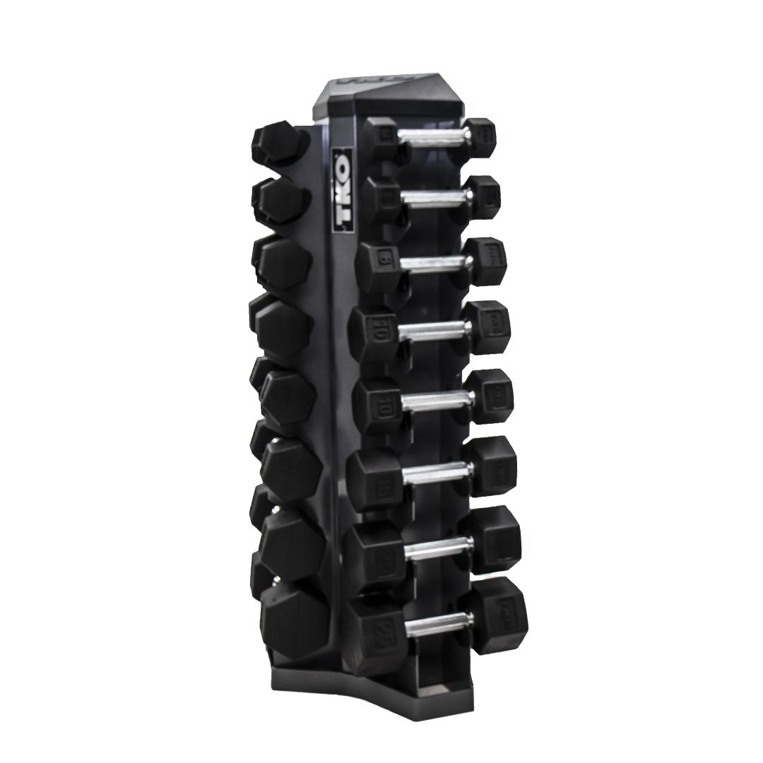 TKO 3-25lb Rubber Hex Straight Handle Dumbbells w/ 8 Pair Rack