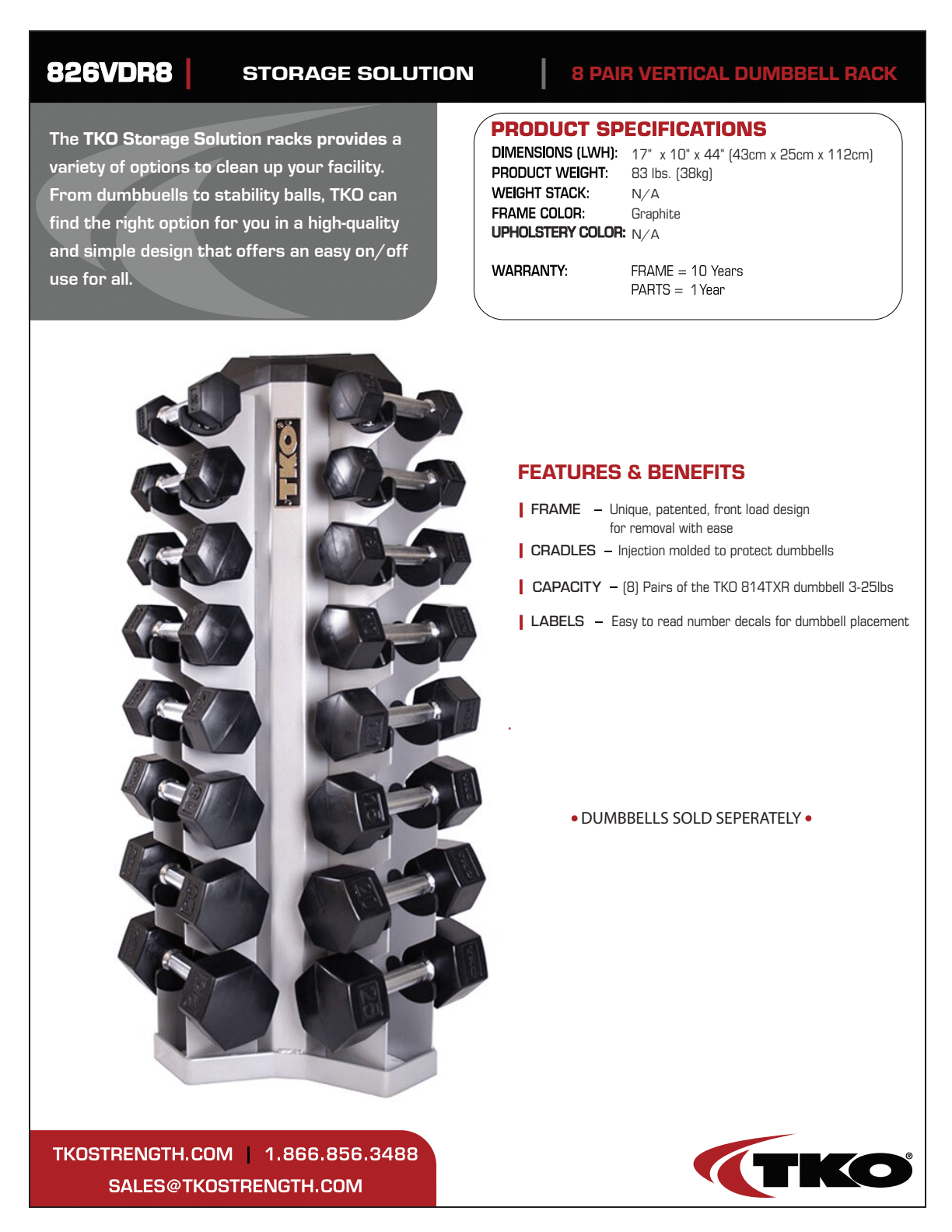 TKO 5-30lb Rubber Hex Tri-Grip Handle Dumbbells w/ 8 Pair Rack