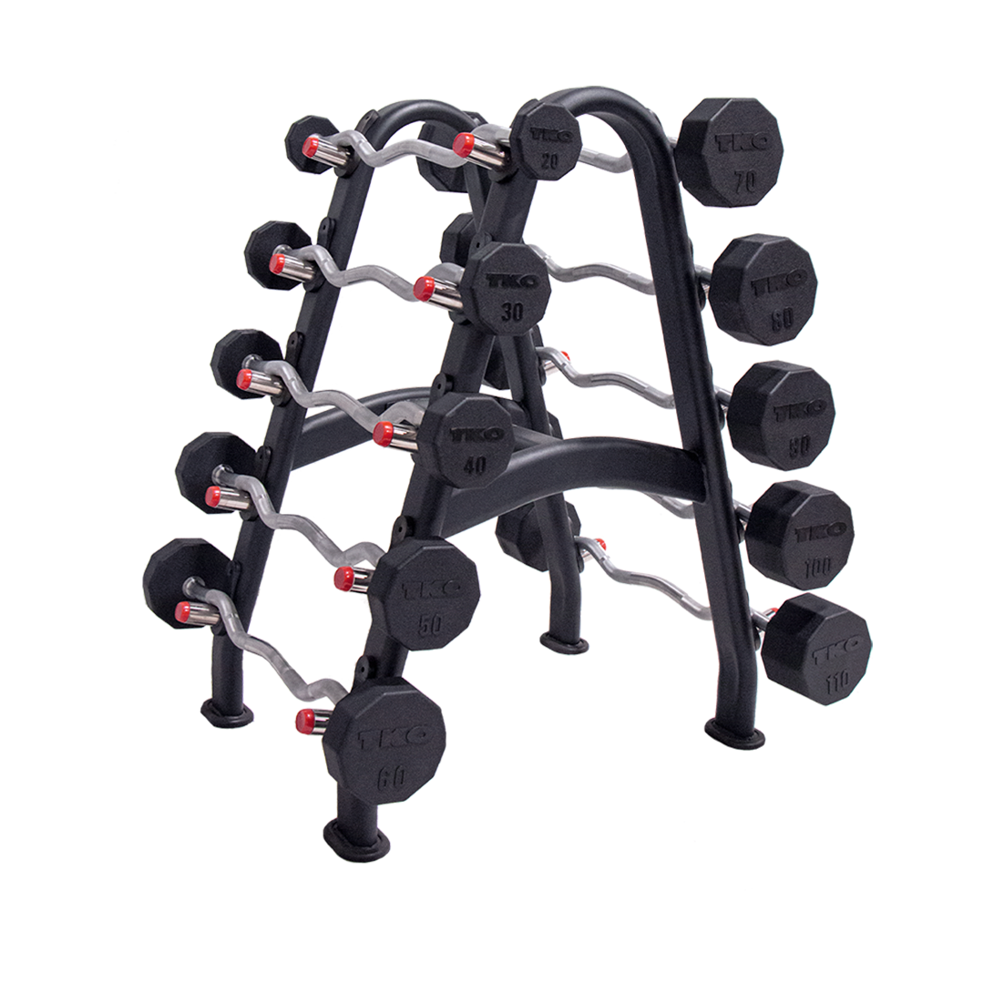 TKO 20-110lb Rubber Curl Barbells w/ 10 Set Rack