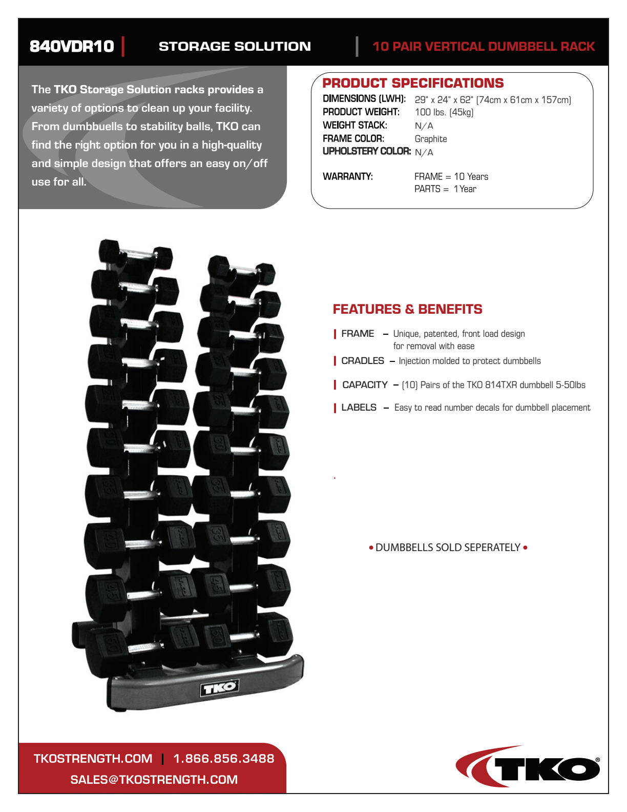 TKO 5-50lb Urethane Hex Tri-Grip Handle Dumbbells w/ 10 Pair Rack