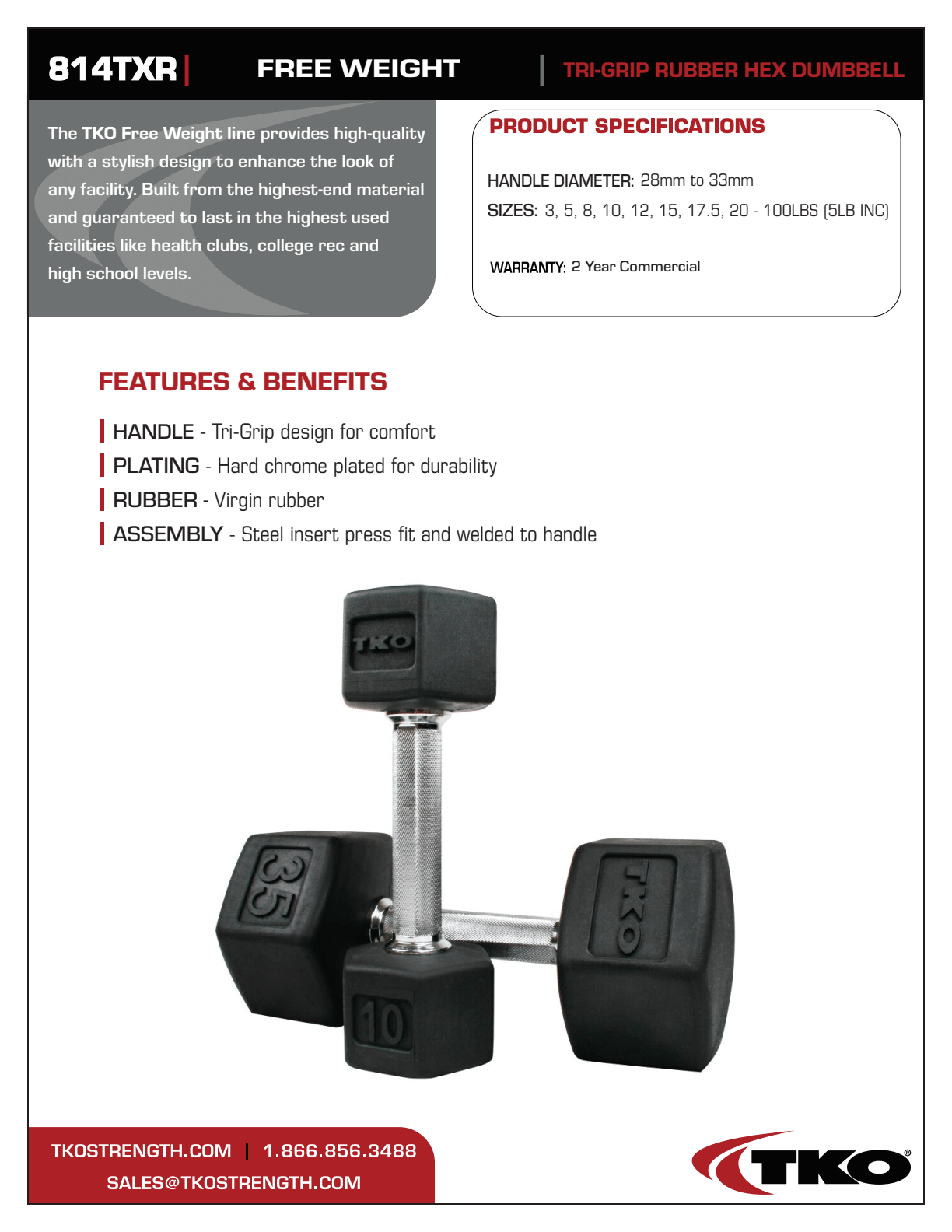 TKO 3-25lb Rubber Hex Tri-Grip Handle Dumbbells w/ 8 Pair Rack