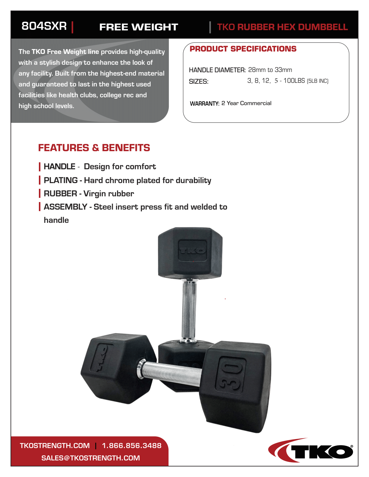 TKO 3-25lb Rubber Hex Straight Handle Dumbbells w/ 8 Pair Rack