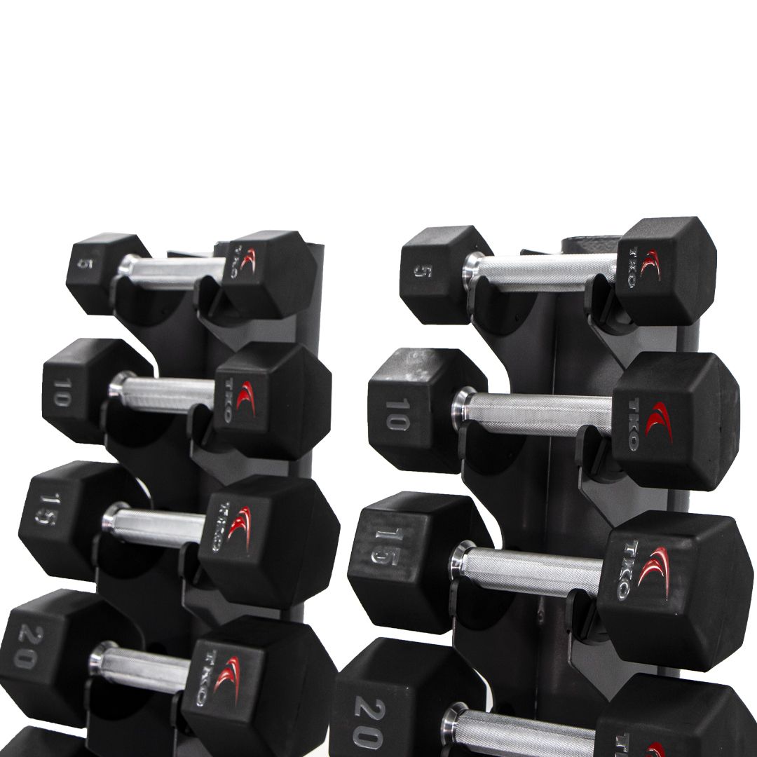 TKO 5-50lb Urethane Hex Tri-Grip Handle Dumbbells w/ 10 Pair Rack