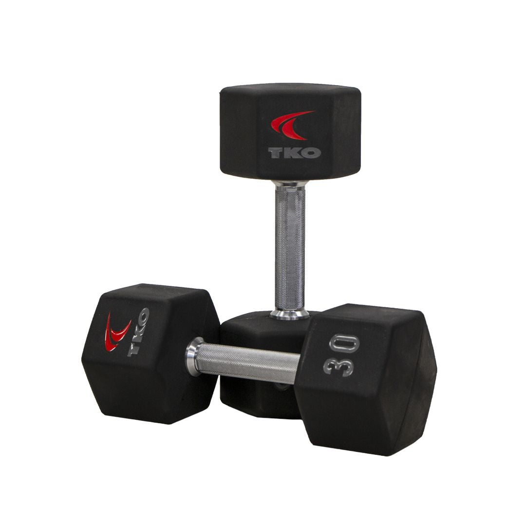TKO 5-100lb Urethane Hex Tri-Grip Handle Dumbbells w/ 3 Tier Shelf Rack