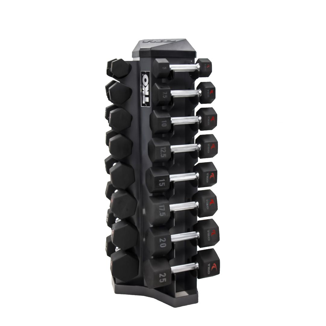 TKO 5-25lb Urethane Hex Tri-Grip Handle Dumbbells w/ 8 Pair Rack - Superior Health & Fitness Solutions