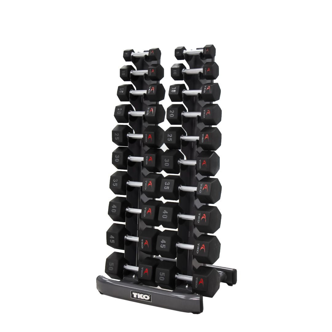 TKO 5-50lb Urethane Hex Tri-Grip Handle Dumbbells w/ 10 Pair Rack