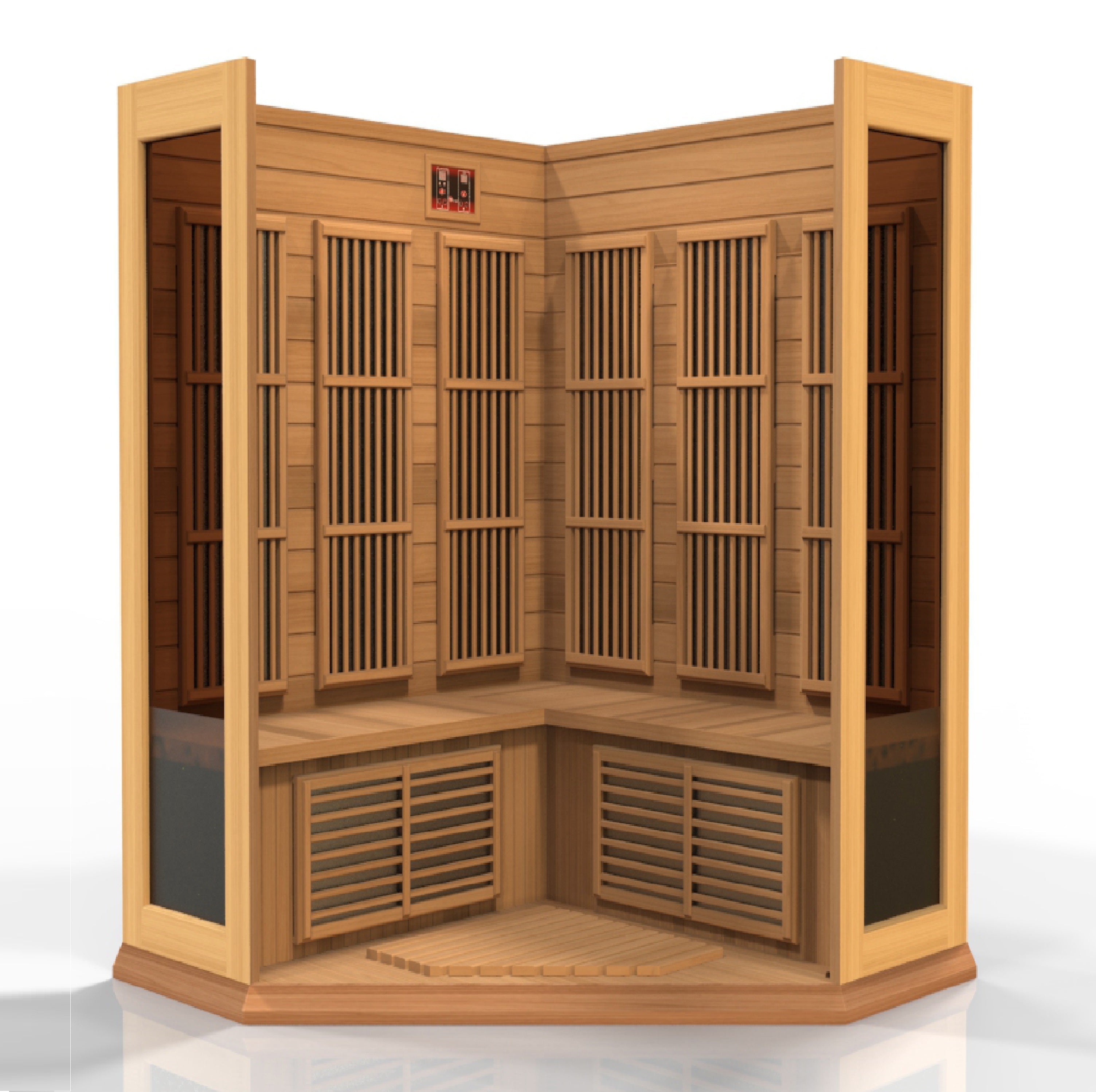 MX-K356-01 Maxxus 3-Person Corner Low EMF FAR Infrared Sauna Canadian Red Cedar - Superior Health & Fitness Solutions